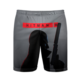 Мужские шорты спортивные с принтом Hitman III в Санкт-Петербурге,  |  | hitman | hitman 3 | hitman iii | красный | надпись | хитман | хитман 3