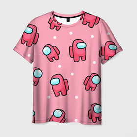 Мужская футболка 3D с принтом Among Us - Розовый цвет в Новосибирске, 100% полиэфир | прямой крой, круглый вырез горловины, длина до линии бедер | Тематика изображения на принте: among us | girl | pink | амонг | девочка | детский | игра | мультяшный | паттерн | розовый | узор | эмонг ас