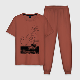 Мужская пижама хлопок с принтом Муми-тролль в Екатеринбурге, 100% хлопок | брюки и футболка прямого кроя, без карманов, на брюках мягкая резинка на поясе и по низу штанин
 | маяк | море | муми тролль | скалы