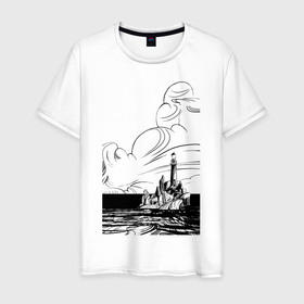 Мужская футболка хлопок с принтом Муми-тролль в Курске, 100% хлопок | прямой крой, круглый вырез горловины, длина до линии бедер, слегка спущенное плечо. | Тематика изображения на принте: маяк | море | муми тролль | скалы