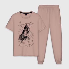 Мужская пижама хлопок с принтом Одинокая гора в Курске, 100% хлопок | брюки и футболка прямого кроя, без карманов, на брюках мягкая резинка на поясе и по низу штанин
 | mountain | вершина | горы | скалы