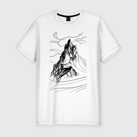 Мужская футболка хлопок Slim с принтом Одинокая гора в Санкт-Петербурге, 92% хлопок, 8% лайкра | приталенный силуэт, круглый вырез ворота, длина до линии бедра, короткий рукав | Тематика изображения на принте: mountain | вершина | горы | скалы