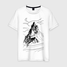 Мужская футболка хлопок с принтом Одинокая гора в Санкт-Петербурге, 100% хлопок | прямой крой, круглый вырез горловины, длина до линии бедер, слегка спущенное плечо. | mountain | вершина | горы | скалы