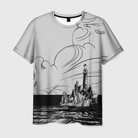 Мужская футболка 3D с принтом Маяк в Курске, 100% полиэфир | прямой крой, круглый вырез горловины, длина до линии бедер | Тематика изображения на принте: волны | камни | маяк | море | остров | скалы