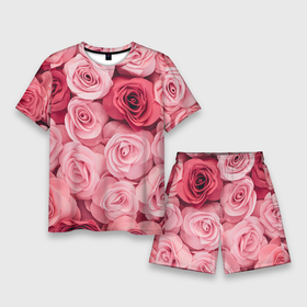 Мужской костюм с шортами 3D с принтом Розовые Розы в Курске,  |  | pink | rose | день святого валентина | красивый | любовь | прекрасный | роза | цветок | цветы