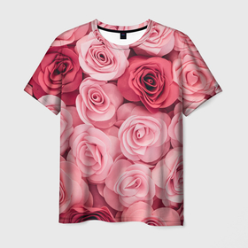 Мужская футболка 3D с принтом Розовые Розы , 100% полиэфир | прямой крой, круглый вырез горловины, длина до линии бедер | pink | rose | день святого валентина | красивый | любовь | прекрасный | роза | цветок | цветы