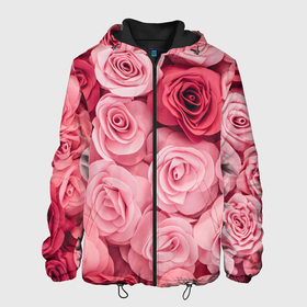 Мужская куртка 3D с принтом Розовые Розы в Новосибирске, ткань верха — 100% полиэстер, подклад — флис | прямой крой, подол и капюшон оформлены резинкой с фиксаторами, два кармана без застежек по бокам, один большой потайной карман на груди. Карман на груди застегивается на липучку | pink | rose | день святого валентина | красивый | любовь | прекрасный | роза | цветок | цветы