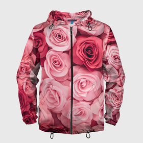 Мужская ветровка 3D с принтом Розовые Розы в Белгороде, 100% полиэстер | подол и капюшон оформлены резинкой с фиксаторами, два кармана без застежек по бокам, один потайной карман на груди | pink | rose | день святого валентина | красивый | любовь | прекрасный | роза | цветок | цветы