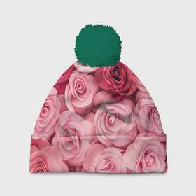 Шапка 3D c помпоном с принтом Розовые Розы , 100% полиэстер | универсальный размер, печать по всей поверхности изделия | pink | rose | день святого валентина | красивый | любовь | прекрасный | роза | цветок | цветы