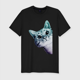 Мужская футболка хлопок Slim с принтом Любопытный кот в Тюмени, 92% хлопок, 8% лайкра | приталенный силуэт, круглый вырез ворота, длина до линии бедра, короткий рукав | cat | домашние животные | животные | звери | кат | кот | котенок | коты | кошка