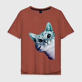 Мужская футболка хлопок Oversize с принтом Любопытный кот , 100% хлопок | свободный крой, круглый ворот, “спинка” длиннее передней части | cat | домашние животные | животные | звери | кат | кот | котенок | коты | кошка