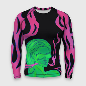 Мужской рашгард 3D с принтом Neon style ,  |  | Тематика изображения на принте: 2077 | girl | neon | purple | девушка | кислотный | неон | сyberpunk