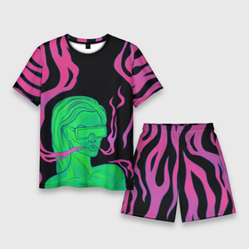 Мужской костюм с шортами 3D с принтом Neon style в Кировске,  |  | 2077 | girl | neon | purple | девушка | кислотный | неон | сyberpunk