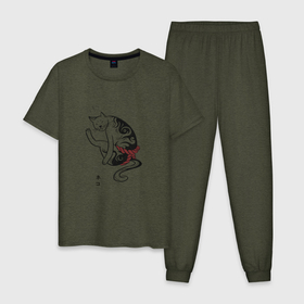 Мужская пижама хлопок с принтом Якотза в Санкт-Петербурге, 100% хлопок | брюки и футболка прямого кроя, без карманов, на брюках мягкая резинка на поясе и по низу штанин
 | Тематика изображения на принте: иероглифы | кот | тату | якудза