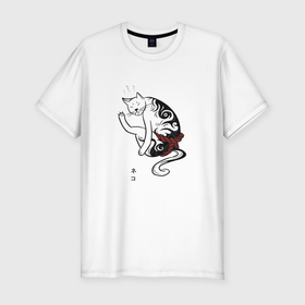 Мужская футболка хлопок Slim с принтом Якотза в Тюмени, 92% хлопок, 8% лайкра | приталенный силуэт, круглый вырез ворота, длина до линии бедра, короткий рукав | Тематика изображения на принте: иероглифы | кот | тату | якудза