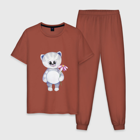 Мужская пижама хлопок с принтом Держи цвяточек , 100% хлопок | брюки и футболка прямого кроя, без карманов, на брюках мягкая резинка на поясе и по низу штанин
 | животные | кот | милота | милые иллюстрации | парные футболки | цветочек | цветы