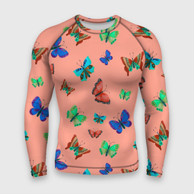 Мужской рашгард 3D с принтом Бабочки на персиковом фоне в Курске,  |  | Тематика изображения на принте: 8 марта | butterflies | summer | бабочки | весна | зеленый | красный | лето | насекомые | праздник | природа | синий