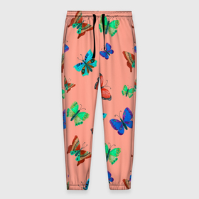 Мужские брюки 3D с принтом Бабочки на персиковом фоне в Курске, 100% полиэстер | манжеты по низу, эластичный пояс регулируется шнурком, по бокам два кармана без застежек, внутренняя часть кармана из мелкой сетки | 8 марта | butterflies | summer | бабочки | весна | зеленый | красный | лето | насекомые | праздник | природа | синий