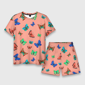 Мужской костюм с шортами 3D с принтом Бабочки на персиковом фоне в Курске,  |  | 8 марта | butterflies | summer | бабочки | весна | зеленый | красный | лето | насекомые | праздник | природа | синий