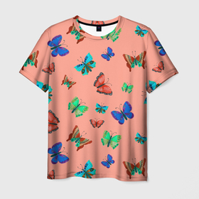 Мужская футболка 3D с принтом Бабочки на персиковом фоне в Новосибирске, 100% полиэфир | прямой крой, круглый вырез горловины, длина до линии бедер | Тематика изображения на принте: 8 марта | butterflies | summer | бабочки | весна | зеленый | красный | лето | насекомые | праздник | природа | синий