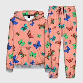 Мужской костюм 3D с принтом Бабочки на персиковом фоне в Санкт-Петербурге, 100% полиэстер | Манжеты и пояс оформлены тканевой резинкой, двухслойный капюшон со шнурком для регулировки, карманы спереди | Тематика изображения на принте: 8 марта | butterflies | summer | бабочки | весна | зеленый | красный | лето | насекомые | праздник | природа | синий