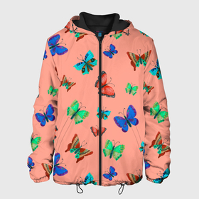 Мужская куртка 3D с принтом Бабочки на персиковом фоне в Курске, ткань верха — 100% полиэстер, подклад — флис | прямой крой, подол и капюшон оформлены резинкой с фиксаторами, два кармана без застежек по бокам, один большой потайной карман на груди. Карман на груди застегивается на липучку | 8 марта | butterflies | summer | бабочки | весна | зеленый | красный | лето | насекомые | праздник | природа | синий