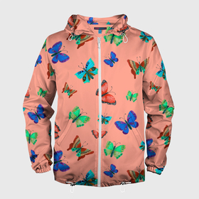 Мужская ветровка 3D с принтом Бабочки на персиковом фоне в Тюмени, 100% полиэстер | подол и капюшон оформлены резинкой с фиксаторами, два кармана без застежек по бокам, один потайной карман на груди | 8 марта | butterflies | summer | бабочки | весна | зеленый | красный | лето | насекомые | праздник | природа | синий