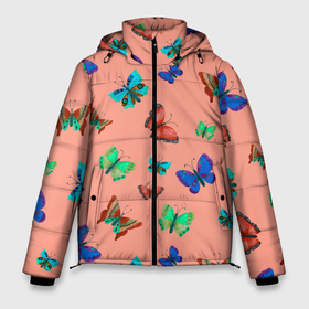 Мужская зимняя куртка 3D с принтом Бабочки на персиковом фоне в Новосибирске, верх — 100% полиэстер; подкладка — 100% полиэстер; утеплитель — 100% полиэстер | длина ниже бедра, свободный силуэт Оверсайз. Есть воротник-стойка, отстегивающийся капюшон и ветрозащитная планка. 

Боковые карманы с листочкой на кнопках и внутренний карман на молнии. | Тематика изображения на принте: 8 марта | butterflies | summer | бабочки | весна | зеленый | красный | лето | насекомые | праздник | природа | синий