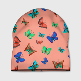 Шапка 3D с принтом Бабочки на персиковом фоне в Курске, 100% полиэстер | универсальный размер, печать по всей поверхности изделия | 8 марта | butterflies | summer | бабочки | весна | зеленый | красный | лето | насекомые | праздник | природа | синий