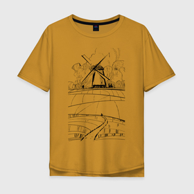 Мужская футболка хлопок Oversize с принтом Мельница в Екатеринбурге, 100% хлопок | свободный крой, круглый ворот, “спинка” длиннее передней части | долина | кот | мельница | поля | тропинка