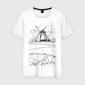 Мужская футболка хлопок с принтом Мельница в Новосибирске, 100% хлопок | прямой крой, круглый вырез горловины, длина до линии бедер, слегка спущенное плечо. | долина | кот | мельница | поля | тропинка