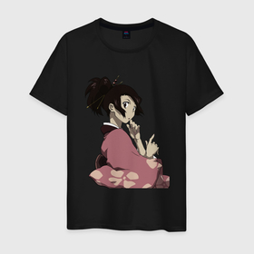 Мужская футболка хлопок с принтом Девушка гейша в Белгороде, 100% хлопок | прямой крой, круглый вырез горловины, длина до линии бедер, слегка спущенное плечо. | Тематика изображения на принте: девушка | кимоно | манга | самурай | япония