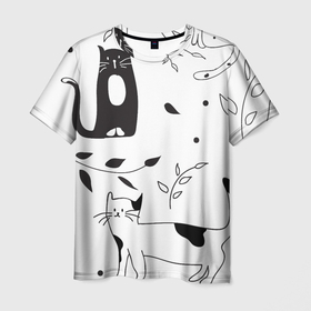 Мужская футболка 3D с принтом Кис Кис в Санкт-Петербурге, 100% полиэфир | прямой крой, круглый вырез горловины, длина до линии бедер | ветки | кошки | полосатый | черный кот