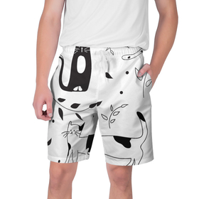 Мужские шорты 3D с принтом Кис-Кис в Курске,  полиэстер 100% | прямой крой, два кармана без застежек по бокам. Мягкая трикотажная резинка на поясе, внутри которой широкие завязки. Длина чуть выше колен | ветки | кошки | полосатый | черный кот