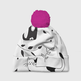 Шапка 3D c помпоном с принтом Кис Кис в Кировске, 100% полиэстер | универсальный размер, печать по всей поверхности изделия | ветки | кошки | полосатый | черный кот
