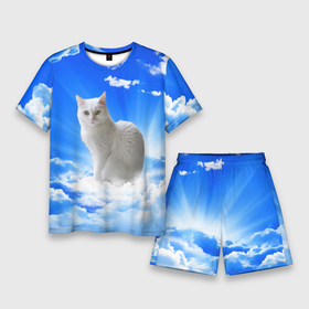 Мужской костюм с шортами 3D с принтом Кот в облаках в Санкт-Петербурге,  |  | animals | cat | kitty | ангел | белый кот | блики | взгляд кота | глаза кота | животные | киска | кот | котейка | котенок | котик | кошак | кошка | лучи | мордочка | небесный | небо | облака | пейзаж | питомец