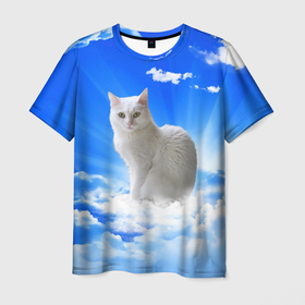 Мужская футболка 3D с принтом Кот в облаках в Курске, 100% полиэфир | прямой крой, круглый вырез горловины, длина до линии бедер | animals | cat | kitty | ангел | белый кот | блики | взгляд кота | глаза кота | животные | киска | кот | котейка | котенок | котик | кошак | кошка | лучи | мордочка | небесный | небо | облака | пейзаж | питомец