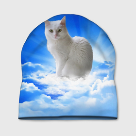 Шапка 3D с принтом Кот в облаках в Курске, 100% полиэстер | универсальный размер, печать по всей поверхности изделия | animals | cat | kitty | ангел | белый кот | блики | взгляд кота | глаза кота | животные | киска | кот | котейка | котенок | котик | кошак | кошка | лучи | мордочка | небесный | небо | облака | пейзаж | питомец