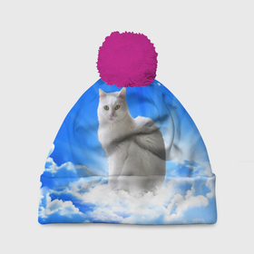 Шапка 3D c помпоном с принтом Кот в облаках в Екатеринбурге, 100% полиэстер | универсальный размер, печать по всей поверхности изделия | animals | cat | kitty | ангел | белый кот | блики | взгляд кота | глаза кота | животные | киска | кот | котейка | котенок | котик | кошак | кошка | лучи | мордочка | небесный | небо | облака | пейзаж | питомец