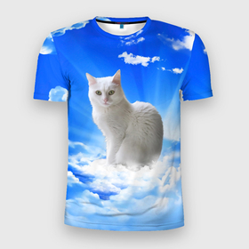 Мужская футболка 3D спортивная с принтом Кот в облаках в Екатеринбурге, 100% полиэстер с улучшенными характеристиками | приталенный силуэт, круглая горловина, широкие плечи, сужается к линии бедра | Тематика изображения на принте: animals | cat | kitty | ангел | белый кот | блики | взгляд кота | глаза кота | животные | киска | кот | котейка | котенок | котик | кошак | кошка | лучи | мордочка | небесный | небо | облака | пейзаж | питомец
