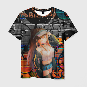 Мужская футболка 3D с принтом Anime Girl with Graffiti , 100% полиэфир | прямой крой, круглый вырез горловины, длина до линии бедер | anime | girl | аниме | граффити | девушка | тян