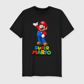 Мужская футболка хлопок Slim с принтом Super Mario в Курске, 92% хлопок, 8% лайкра | приталенный силуэт, круглый вырез ворота, длина до линии бедра, короткий рукав | видеоигра | игра | марио | персонаж