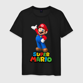 Мужская футболка хлопок с принтом Super Mario в Санкт-Петербурге, 100% хлопок | прямой крой, круглый вырез горловины, длина до линии бедер, слегка спущенное плечо. | видеоигра | игра | марио | персонаж