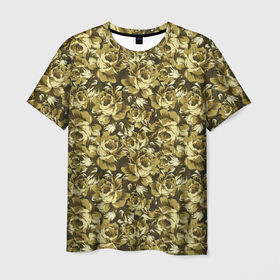 Мужская футболка 3D с принтом Золотой камуфляж из роз в Новосибирске, 100% полиэфир | прямой крой, круглый вырез горловины, длина до линии бедер | 23 февраля | армия | военная | зелень | камуфляж | листья | маскировка | осень | охота | паттерн | рыбалка | солдат | текстуры