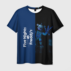 Мужская футболка 3D с принтом Five Nights At Freddy в Петрозаводске, 100% полиэфир | прямой крой, круглый вырез горловины, длина до линии бедер | 5 ночей с фредди | five nights at freddys | fnaf | игра | игрок | книга | логотип | пиццерия | подарок | половина | синий | страшилка | фнаф | фредди