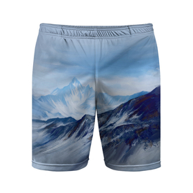 Мужские шорты спортивные с принтом Серо-голубые горы в Петрозаводске,  |  | арт | горы | живопись | кистью | краски | пейзаж | рисунок | серый