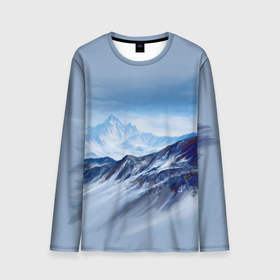 Мужской лонгслив 3D с принтом Серо голубые горы в Петрозаводске, 100% полиэстер | длинные рукава, круглый вырез горловины, полуприлегающий силуэт | арт | горы | живопись | кистью | краски | пейзаж | рисунок | серый