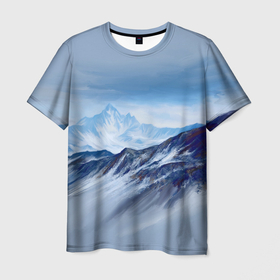 Мужская футболка 3D с принтом Серо-голубые горы , 100% полиэфир | прямой крой, круглый вырез горловины, длина до линии бедер | арт | горы | живопись | кистью | краски | пейзаж | рисунок | серый