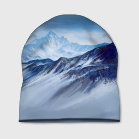Шапка 3D с принтом Серо-голубые горы в Петрозаводске, 100% полиэстер | универсальный размер, печать по всей поверхности изделия | арт | горы | живопись | кистью | краски | пейзаж | рисунок | серый