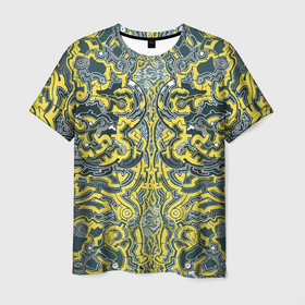 Мужская футболка 3D с принтом УЗОР ФУТУРИЗМ в Новосибирске, 100% полиэфир | прямой крой, круглый вырез горловины, длина до линии бедер | абстракция | андроид | жёлтый | киберпанк | кора | механизмы | пятна | робот | узор | фантастика | футуризм | цвета 2021